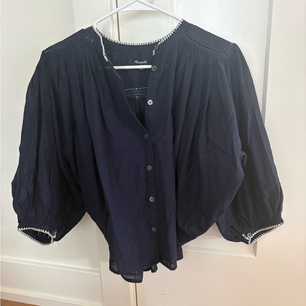 Madewell Navy Button-Up Blouse with Trim